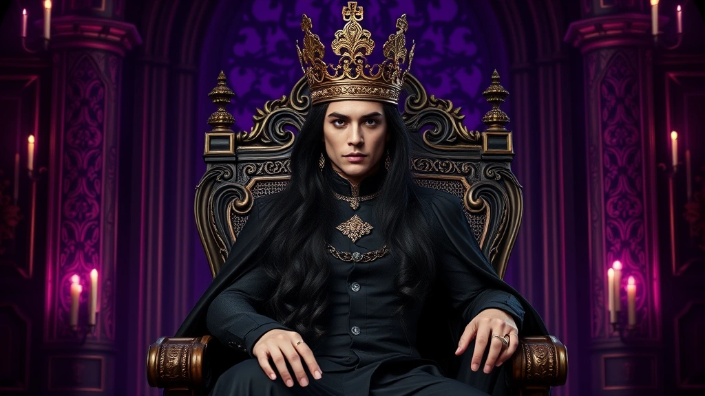 A regal figure with long flowing dark hair wearing an elaborate crown and formal dark gown, sitting on a throne in an ornate hall with mystical purple and black lighting, commanding and composed demeanor, photorealistic style