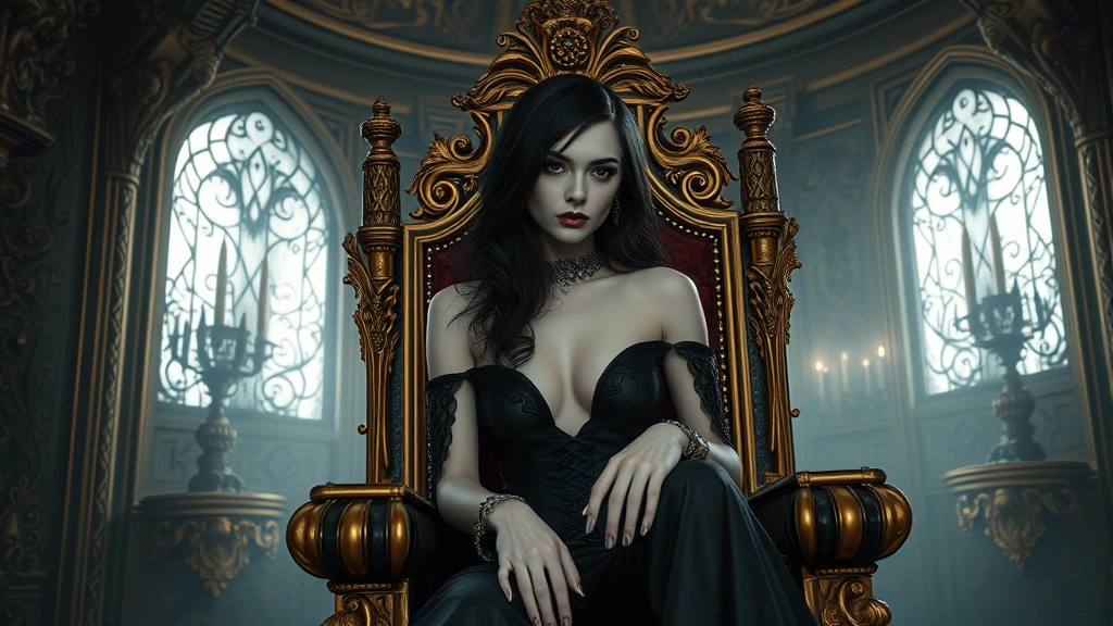 Elegant woman with pale skin and dark hair sitting on a throne in an ornate hellish palace chamber, wearing regal black and gold clothing, ethereal lighting, mysterious expression