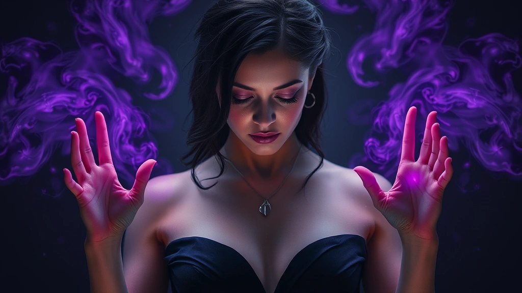 An intimate moment showing vulnerability: a powerful woman with striking features in an elegant dark dress, hands raised expressively, surrounded by soft magical auras in shades of violet and silver, emotional depth in facial expression