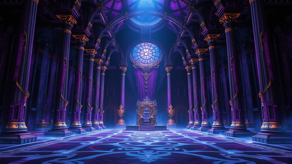 A vast underground palace throne room with towering columns, intricate architectural details, and supernatural ambiance featuring deep purples, blues, and gold accents, empty except for a single ornate throne at the far end, photorealistic fantasy setting