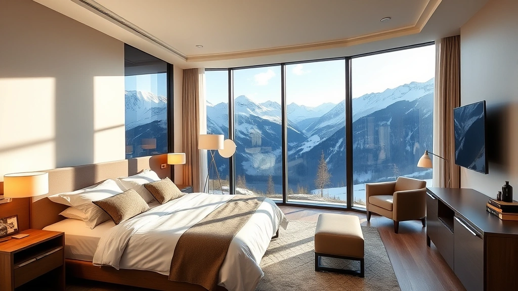 Modern luxury hotel bedroom with mountain views through large windows, contemporary furnishings, comfortable bedding, and natural lighting in an alpine resort setting