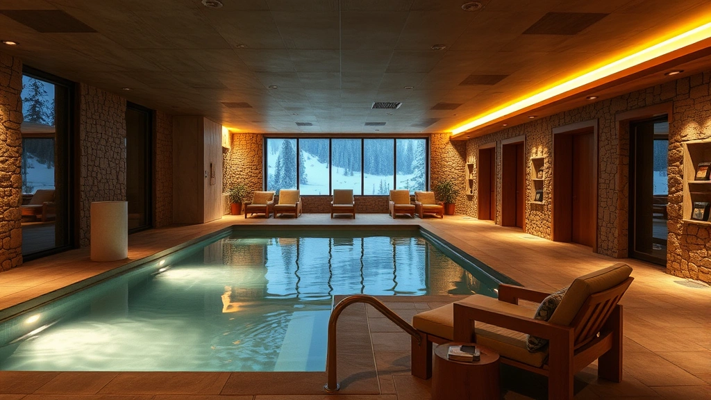 Indoor spa and wellness area with heated pool, comfortable seating, stone finishes, warm ambient lighting, and mountain resort atmosphere