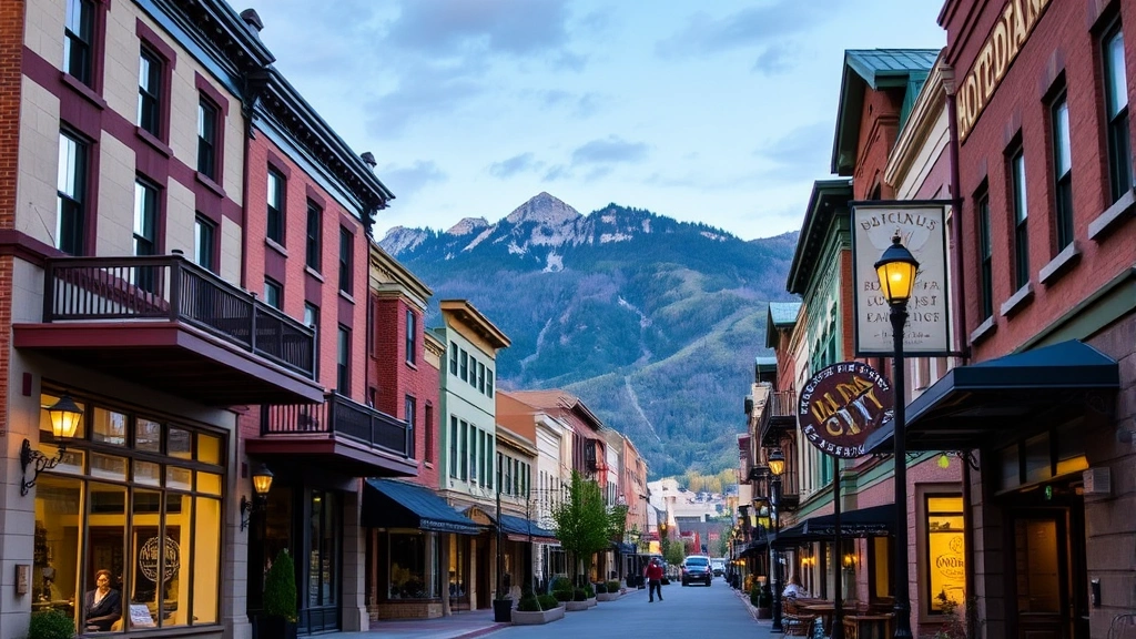 Downtown Ketchum street scene showing boutique hotel facade, pedestrian walkway, local shops and restaurants, mountain backdrop, evening lighting