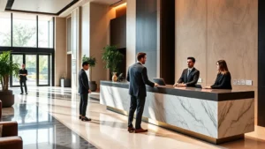 Professional front desk staff in luxury hotel lobby with marble counters and modern design, guests checking in, bright natural lighting, contemporary architecture