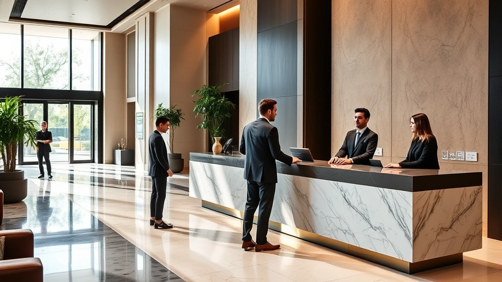Professional front desk staff in luxury hotel lobby with marble counters and modern design, guests checking in, bright natural lighting, contemporary architecture