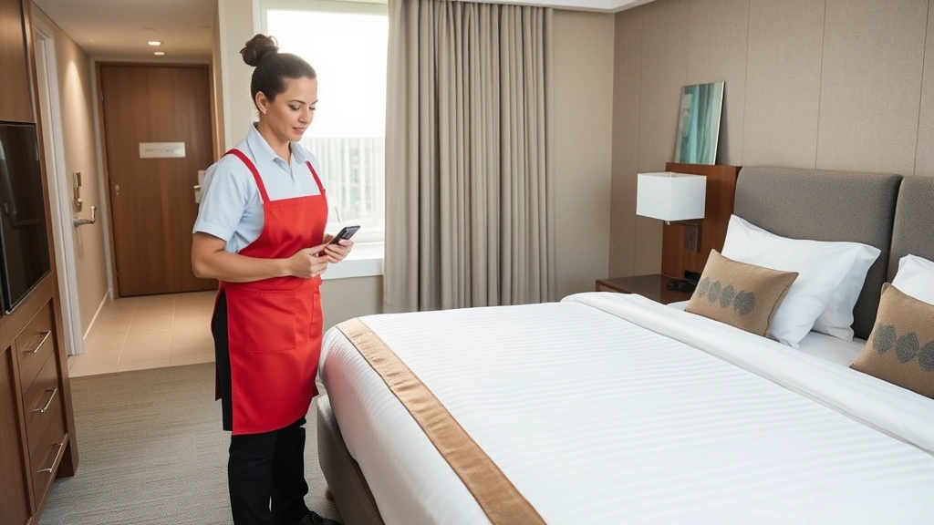 Diverse housekeeping team member inspecting spotless hotel room with premium bedding, natural light from windows, clean modern bathroom visible, professional uniform