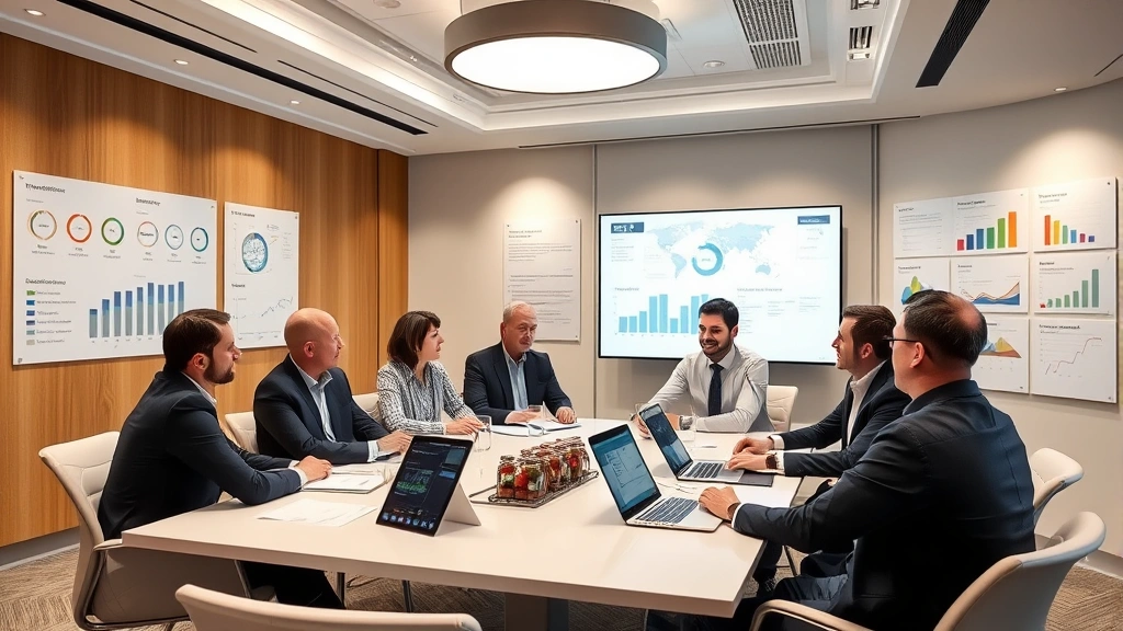 Hotel management meeting in conference room with team members discussing operations, modern office setting, charts and metrics on walls, collaborative atmosphere