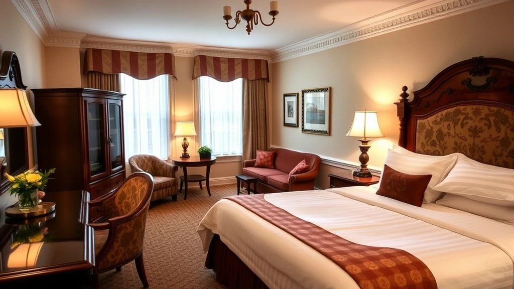 Elegant hotel room with Victorian-inspired furnishings, comfortable bed with quality linens, warm lighting, and classic décor reflecting historic Saratoga Springs aesthetic without visible text or identifying markers