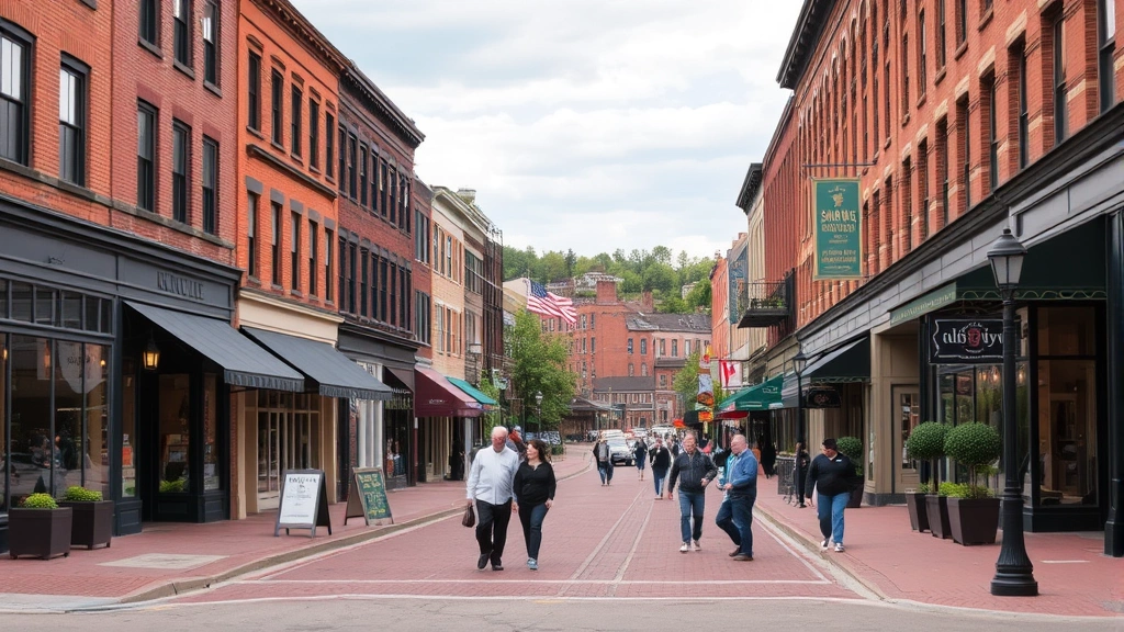 Downtown Saratoga Springs street view with historic brick buildings, shops, restaurants, and pedestrians walking during daytime, showcasing vibrant walkable neighborhood atmosphere and urban landscape