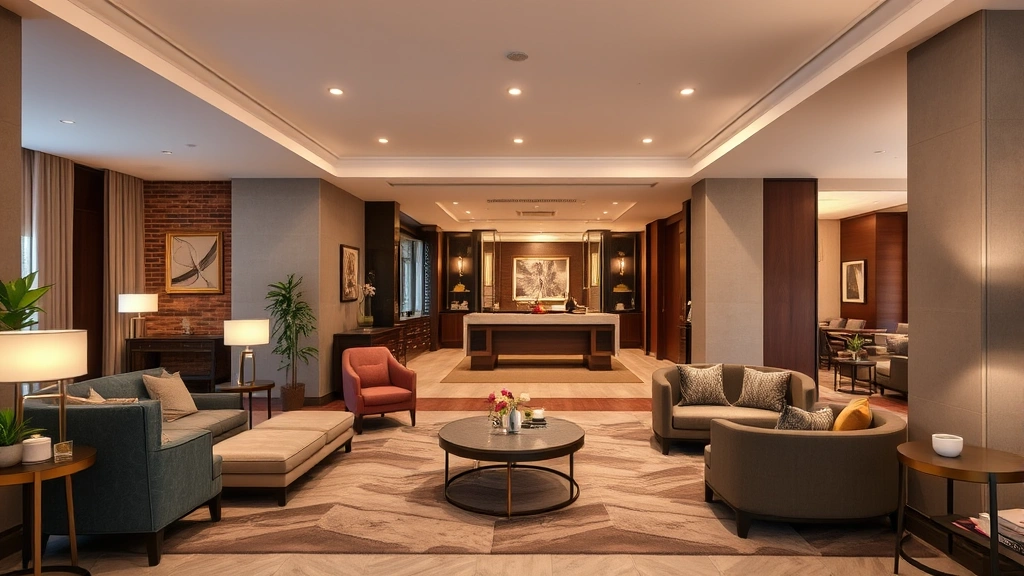 Hotel lobby or common area featuring boutique design elements, tasteful furniture arrangement, ambient lighting, and welcoming entrance space that reflects upscale hospitality without brand logos or signage
