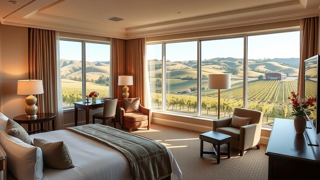 Upscale hotel room with wine country aesthetic, featuring elegant furnishings, soft lighting, and a view of rolling vineyard hills through large windows, no text or signage visible