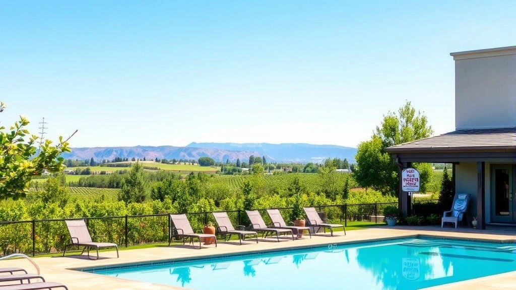Outdoor pool area at a wine country hotel with lounge chairs, green landscaping, and distant mountain views in natural sunlight, no visible text or identifying markers