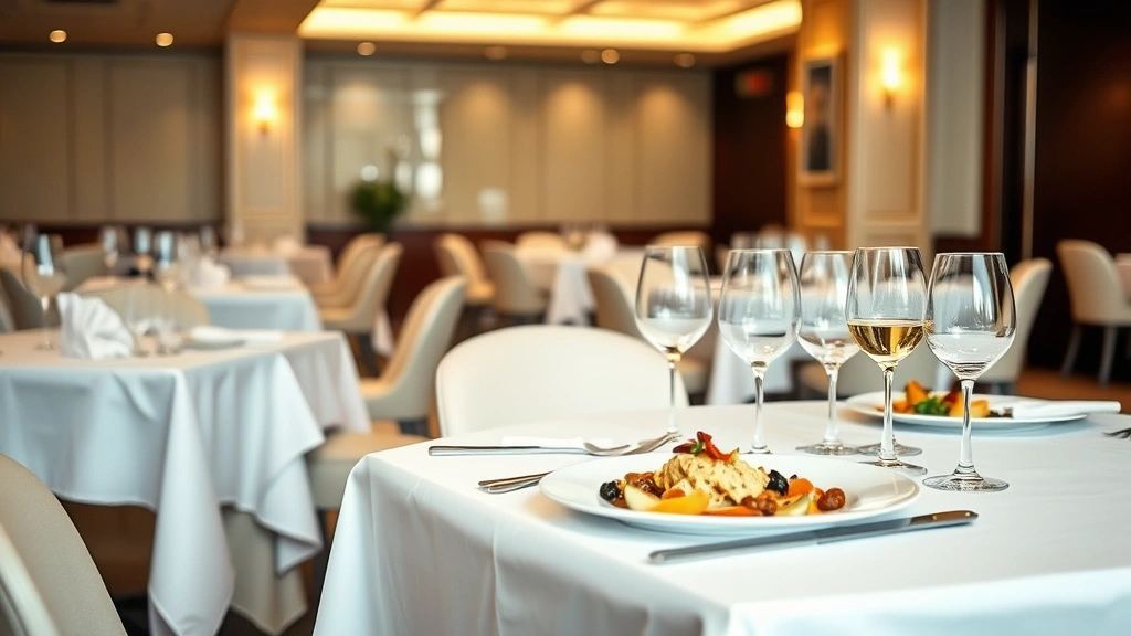 Elegant dining area with white tablecloths, wine glasses, and plated cuisine, warm ambient lighting, professional restaurant setting, no visible menus or text