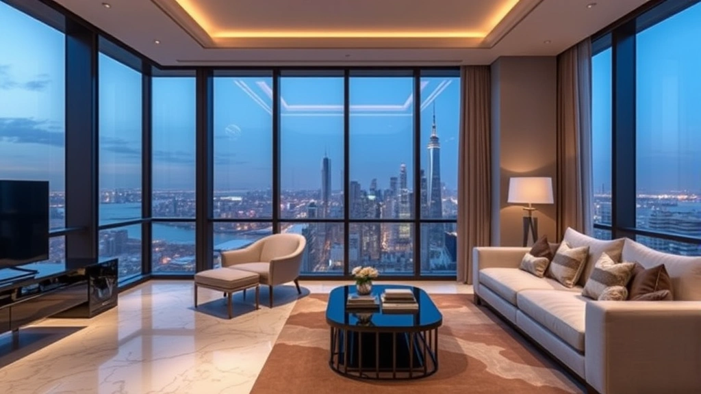 Elegant luxury hotel suite with floor-to-ceiling windows overlooking a city skyline, featuring marble surfaces, designer furniture, and soft ambient lighting reflecting premium hospitality