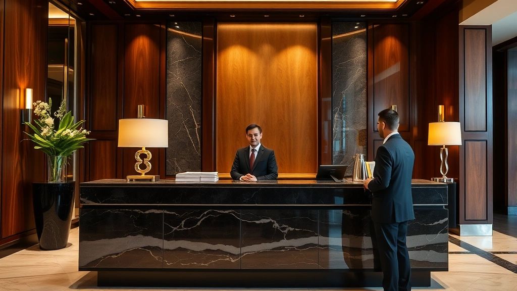 Upscale hotel concierge desk with attentive staff member assisting a guest, professional atmosphere with polished wood and marble finishes, representing premium service excellence