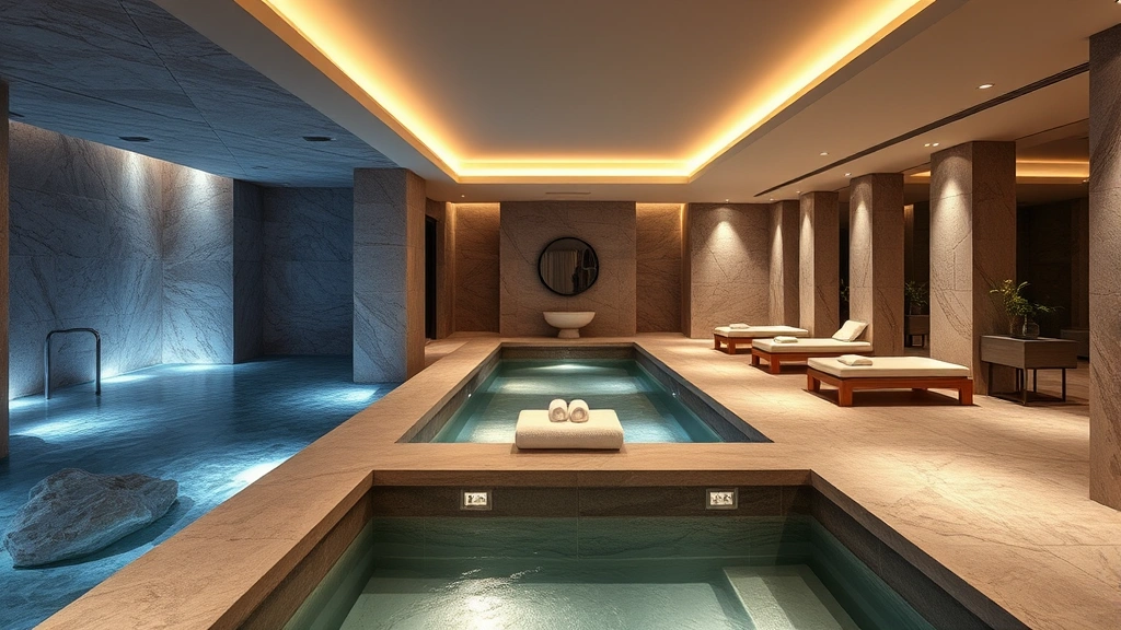 Luxurious spa facility with natural stone elements, soft lighting, and tranquil water features, showcasing high-end wellness amenities found in premium five-star resorts