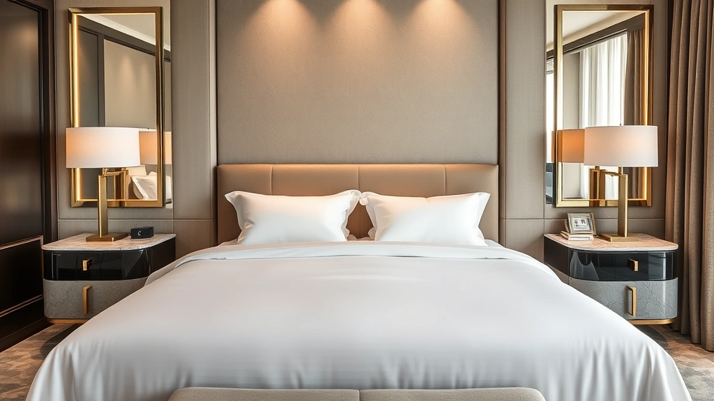 High-end luxury hotel suite interior featuring premium king bed with Egyptian cotton linens, modern accent lighting, marble-topped nightstands, and sophisticated neutral color palette creating elegant sleeping environment