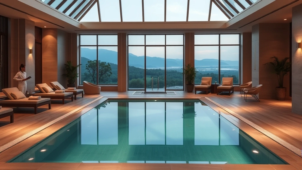 Elegant luxury hotel spa and wellness center with heated indoor pool, lounge seating, floor-to-ceiling windows overlooking landscape, professional staff providing personalized guest services
