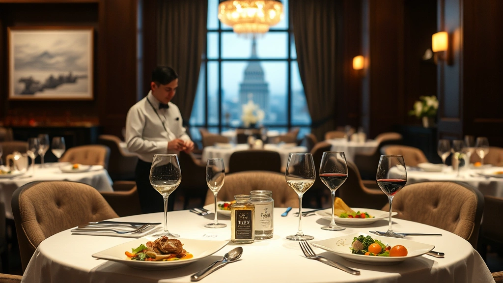 Upscale luxury hotel dining establishment with white tablecloth service, professionally plated gourmet cuisine, ambient lighting, sommelier presenting wine selections, sophisticated restaurant ambiance