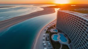 Aerial view of a modern hotel building with pool overlooking sandy beach and blue lake waters during golden hour sunset, no signage or text visible