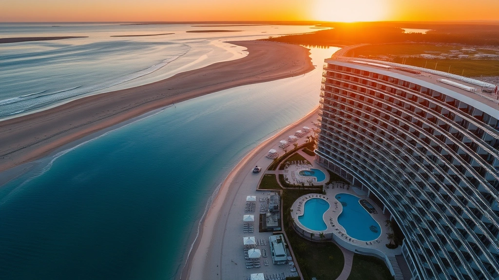 Aerial view of a modern hotel building with pool overlooking sandy beach and blue lake waters during golden hour sunset, no signage or text visible