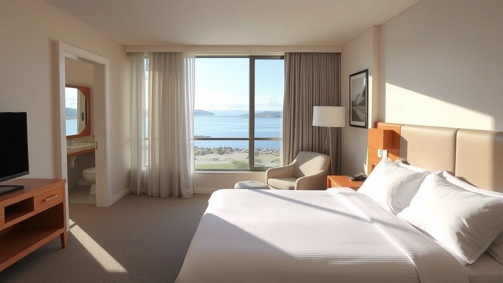 Bright modern hotel room interior with comfortable queen bed, clean bathroom visible, large window showing lake and beach landscape, natural daylight