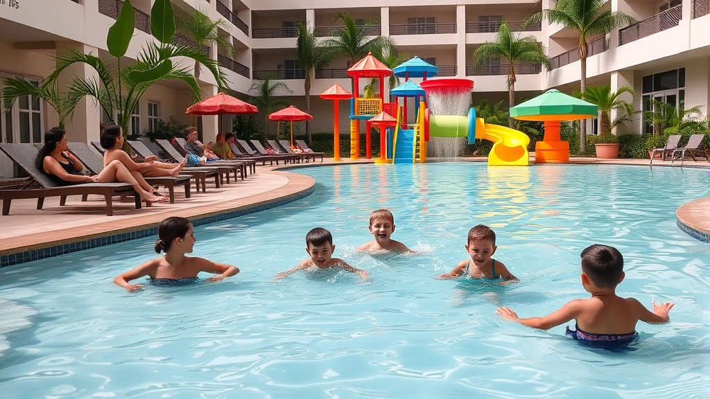 Family playing in shallow hotel pool with colorful water features while parents watch from poolside loungers, tropical indoor water park setting