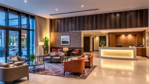Modern hotel lobby with contemporary furniture, warm lighting, comfortable seating areas, and professional front desk, showcasing welcoming hospitality environment with clean design