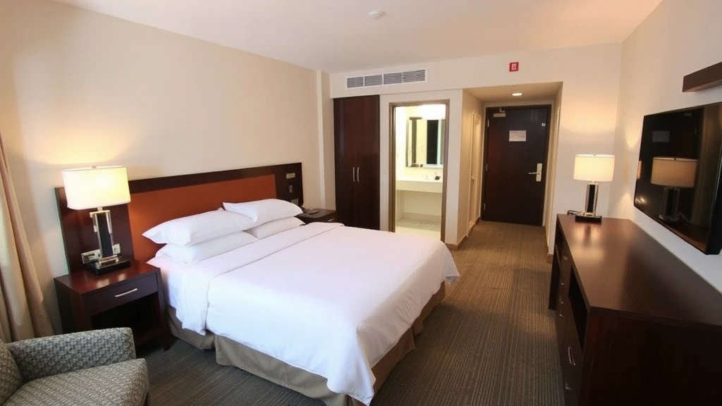Spacious hotel guest room with king bed, work desk, flat-screen TV, modern bathroom visible through open door, neutral décor with quality furnishings and adequate lighting