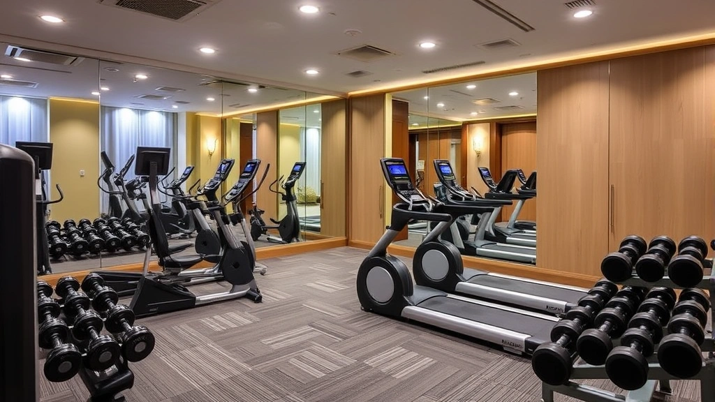 Hotel fitness center with modern cardio equipment, free weights, mirrors, and professional gym setting with bright lighting and clean maintained appearance