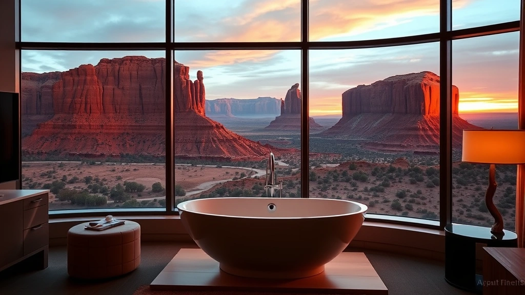 Luxurious modern hotel suite with floor-to-ceiling windows framing dramatic red rock formations at sunset, featuring a contemporary soaking tub positioned to capture the view, earth-tone furnishings, and natural lighting
