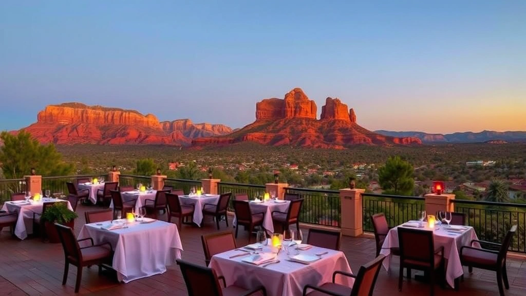 Elegant outdoor dining terrace at a luxury resort with white tablecloths, ambient lighting, panoramic views of Sedona's Cathedral Rock and red rock formations at golden hour, comfortable seating arrangements