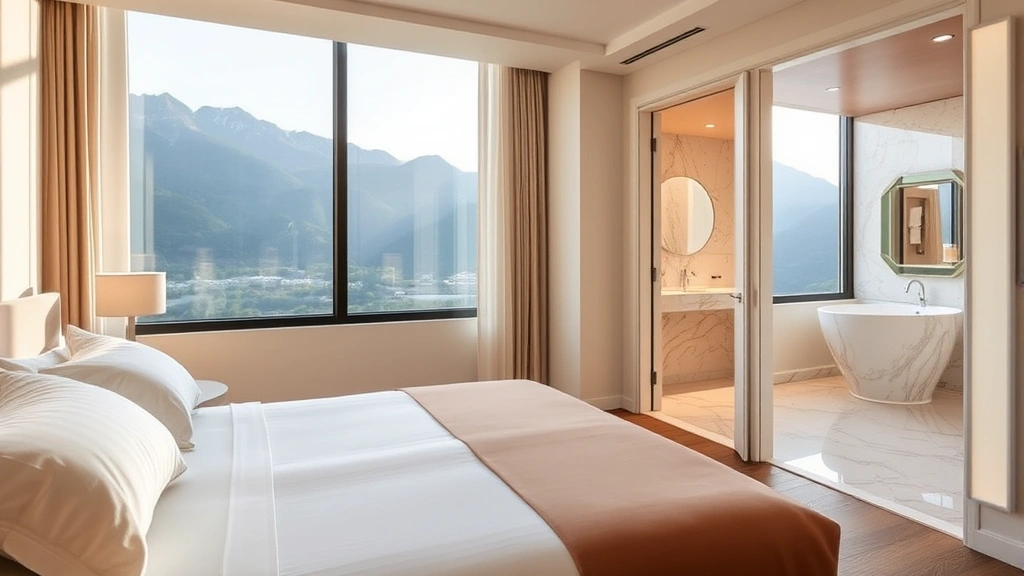 Elegant hotel room interior with plush bedding, floor-to-ceiling windows revealing mountain valley views, modern minimalist décor with warm neutral tones, marble bathroom visible through open doorway, morning natural light, no identifiable hotel branding