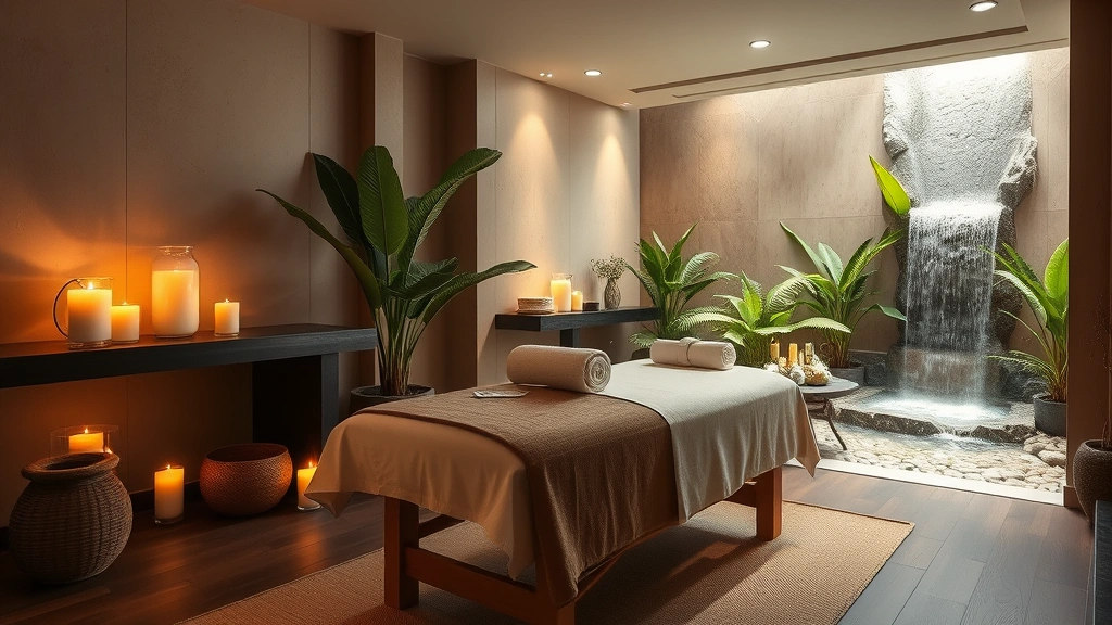 Serene hotel spa treatment room with massage table, soft candlelight, tropical plants, waterfall feature, steam visible, professional wellness environment, earth tones and natural materials, peaceful ambiance for relaxation