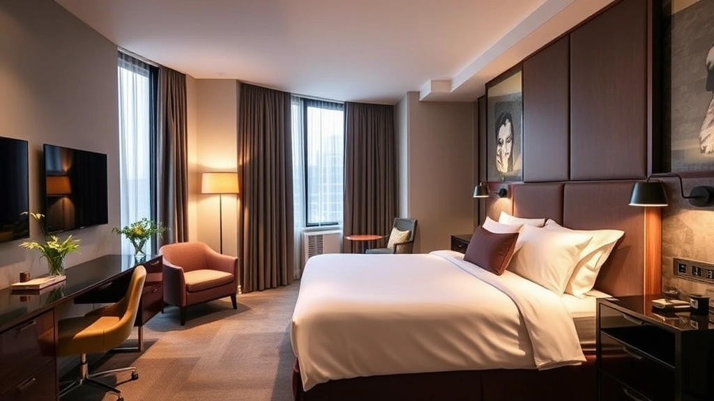 Modern boutique hotel room interior with contemporary furnishings, soft lighting, and comfortable bed in a stylish Manhattan accommodation setting
