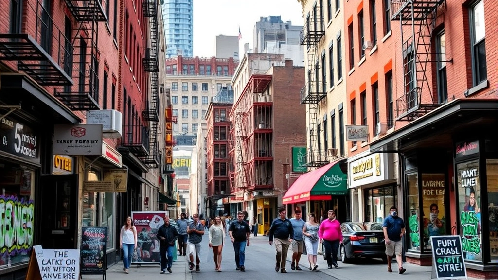 Vibrant Lower East Side neighborhood street scene with diverse storefronts, pedestrians, street art, and authentic urban architecture reflecting cultural diversity