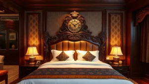 Luxurious hotel suite interior with ornate carved wooden headboard, rich jewel-tone fabrics, traditional South Asian architectural details, elegant bedding, warm ambient lighting creating intimate atmosphere, no text or signage visible