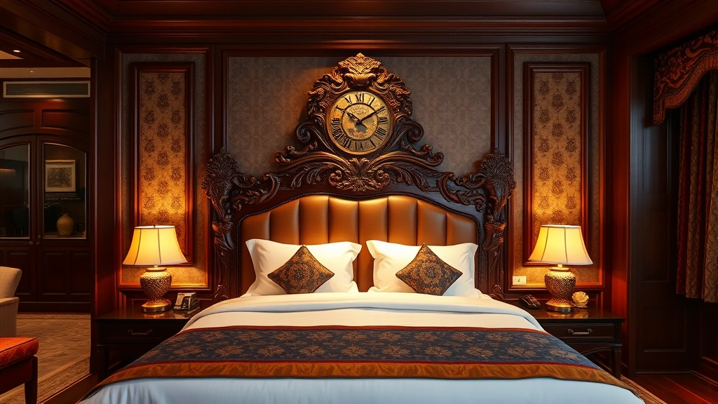 Luxurious hotel suite interior with ornate carved wooden headboard, rich jewel-tone fabrics, traditional South Asian architectural details, elegant bedding, warm ambient lighting creating intimate atmosphere, no text or signage visible