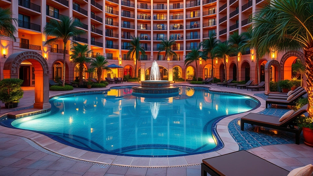 Hotel swimming pool surrounded by decorative tilework and carved stone elements, tropical plants, ambient evening lighting, lounge chairs with plush cushions, water feature architecture, no signage or identifying text