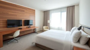 Modern hotel guest room with clean white bedding, contemporary furniture, bright natural lighting from window, minimalist decor with wooden accent wall, empty room showing spacious layout and comfort