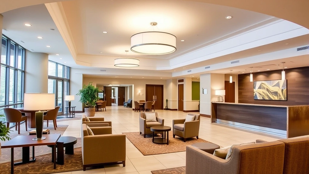 Hotel lobby or common area with comfortable seating, modern lighting fixtures, welcoming atmosphere, professional reception desk area, warm neutral color palette, clean bright space for guests