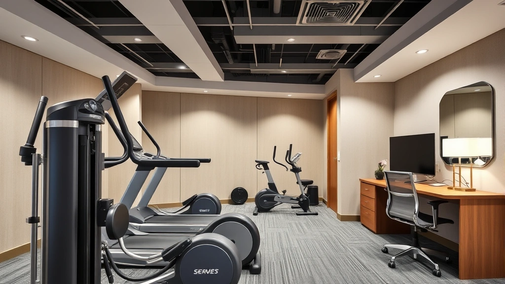 Hotel fitness center or business area with contemporary equipment, bright lighting, professional workspace with desk and comfortable chair, modern amenities in clean organized room