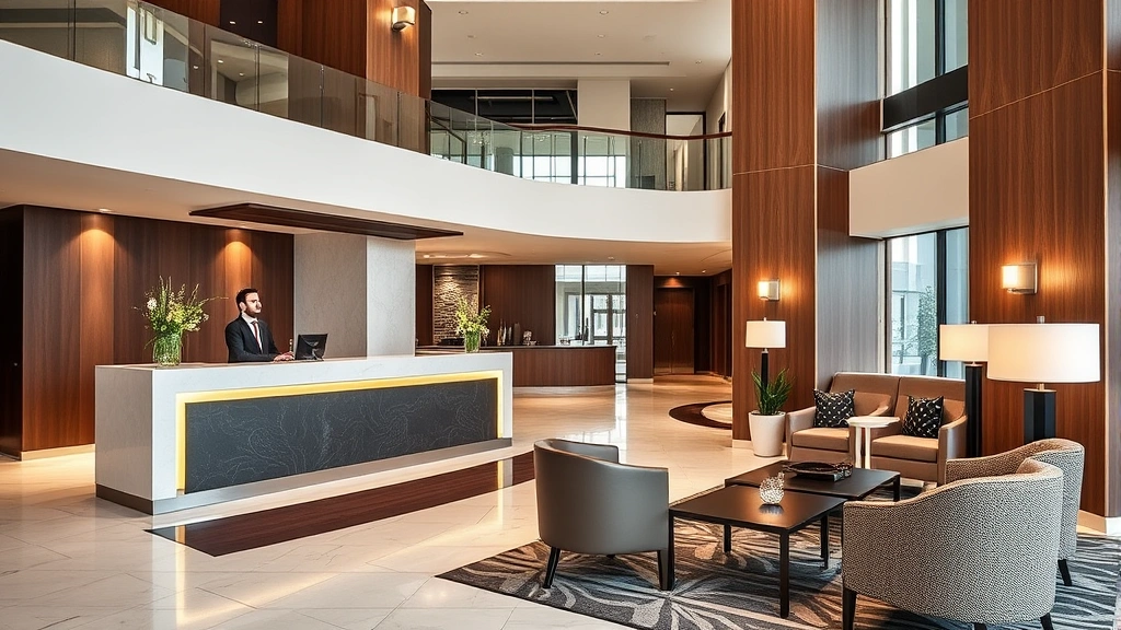 Hotel lobby or reception area with professional staff at desk, modern interior design, comfortable seating areas, contemporary aesthetic