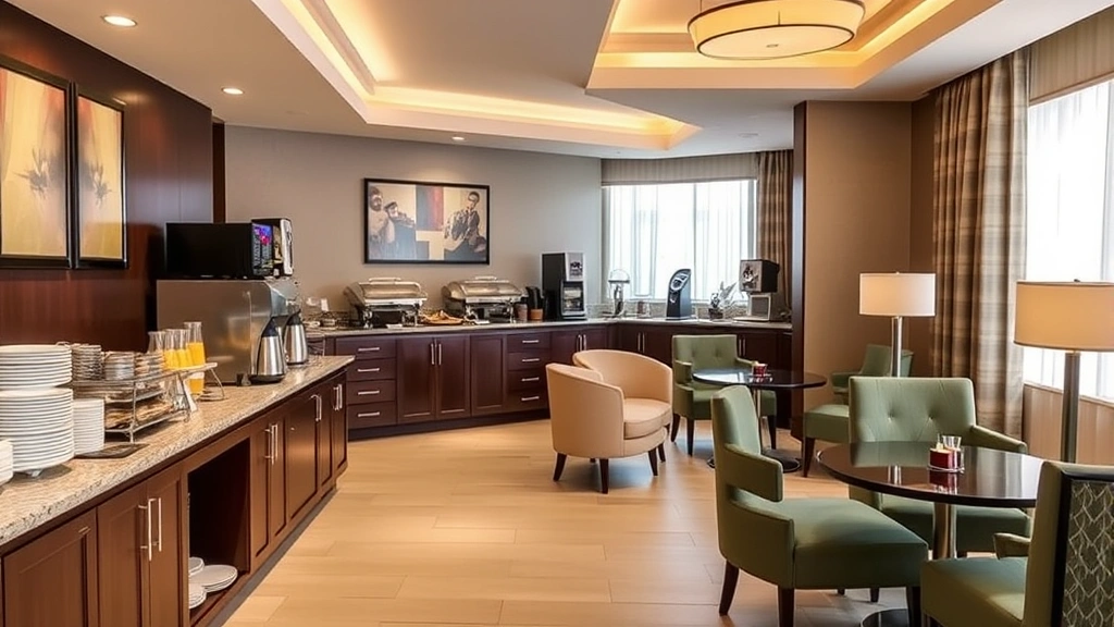Hotel breakfast buffet or dining area with food displays, beverages, and comfortable seating, bright morning lighting, guest-ready presentation