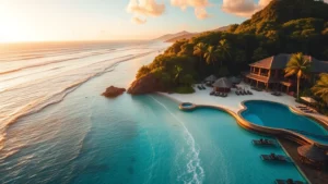 Aerial view of luxury beachfront resort with infinity pool overlooking turquoise Pacific Ocean and white sand beach, surrounded by lush tropical jungle canopy, golden hour sunset lighting