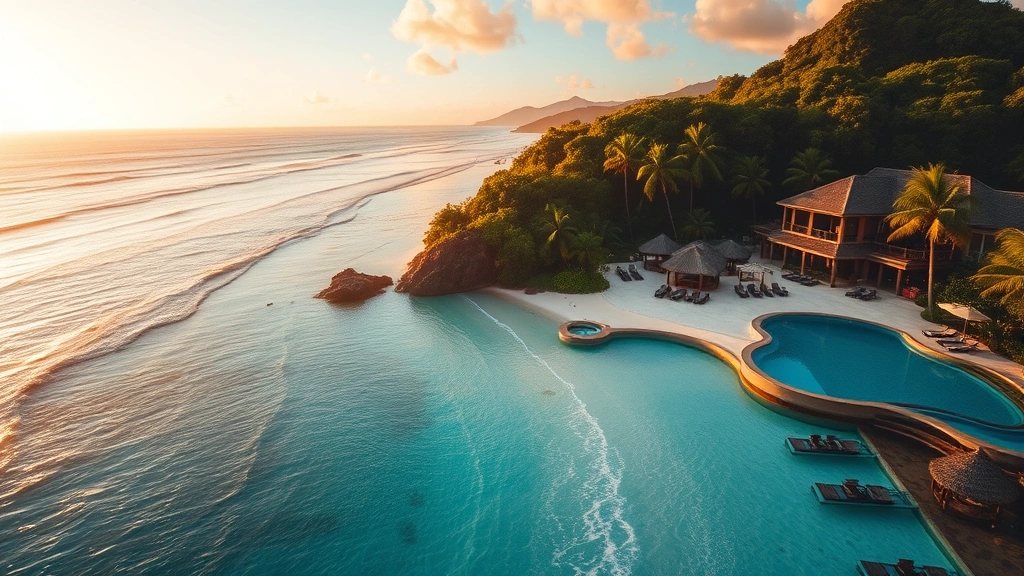 Aerial view of luxury beachfront resort with infinity pool overlooking turquoise Pacific Ocean and white sand beach, surrounded by lush tropical jungle canopy, golden hour sunset lighting