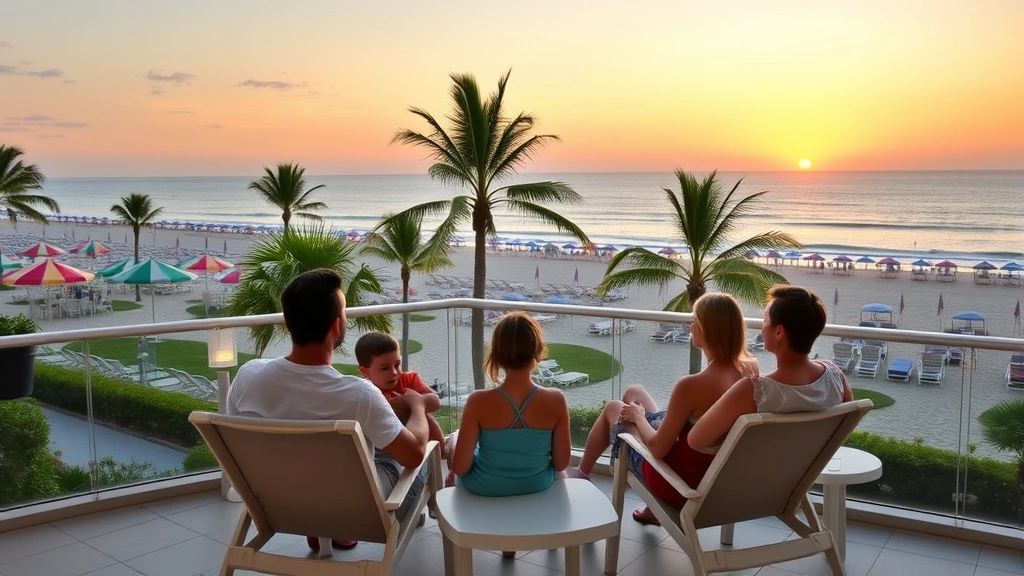 Family enjoying beachfront hotel terrace at sunset with ocean view, colorful beach umbrellas, palm trees, parents and children relaxed in comfortable lounge chairs overlooking pristine sandy beach
