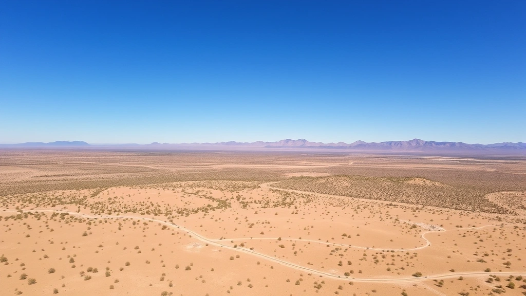 Aerial view of Marfa Texas desert landscape with sparse vegetation, distant mountains, clear blue sky, showing the high elevation terrain and isolation of the region