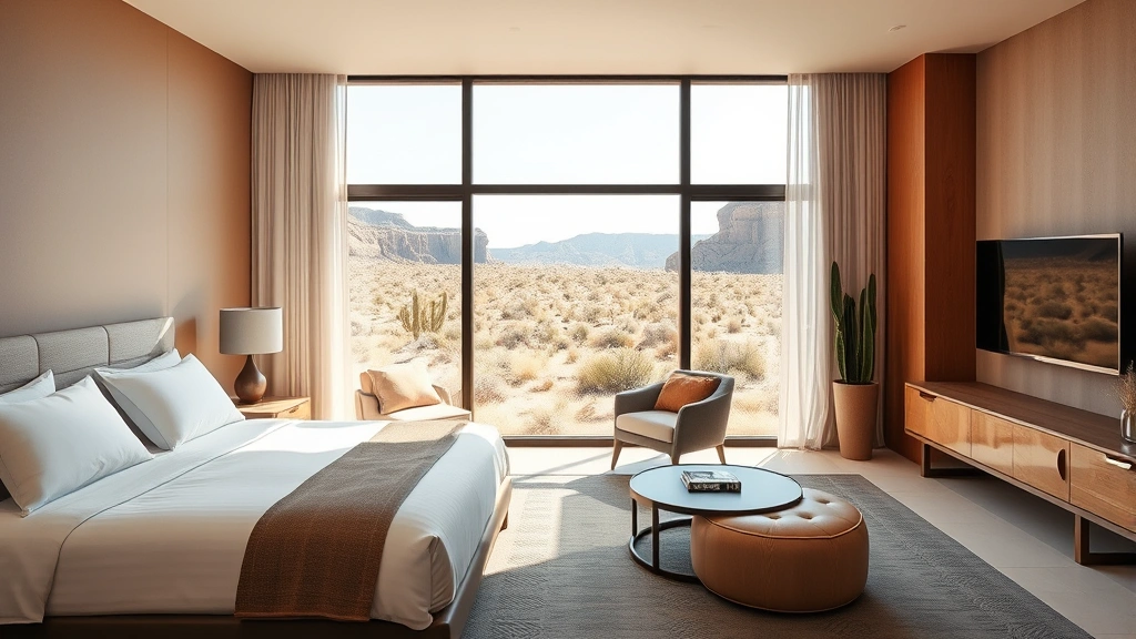 Modern minimalist hotel room interior with Southwestern design elements, large windows overlooking desert landscape, contemporary furnishings, natural light, emphasizing clean aesthetic