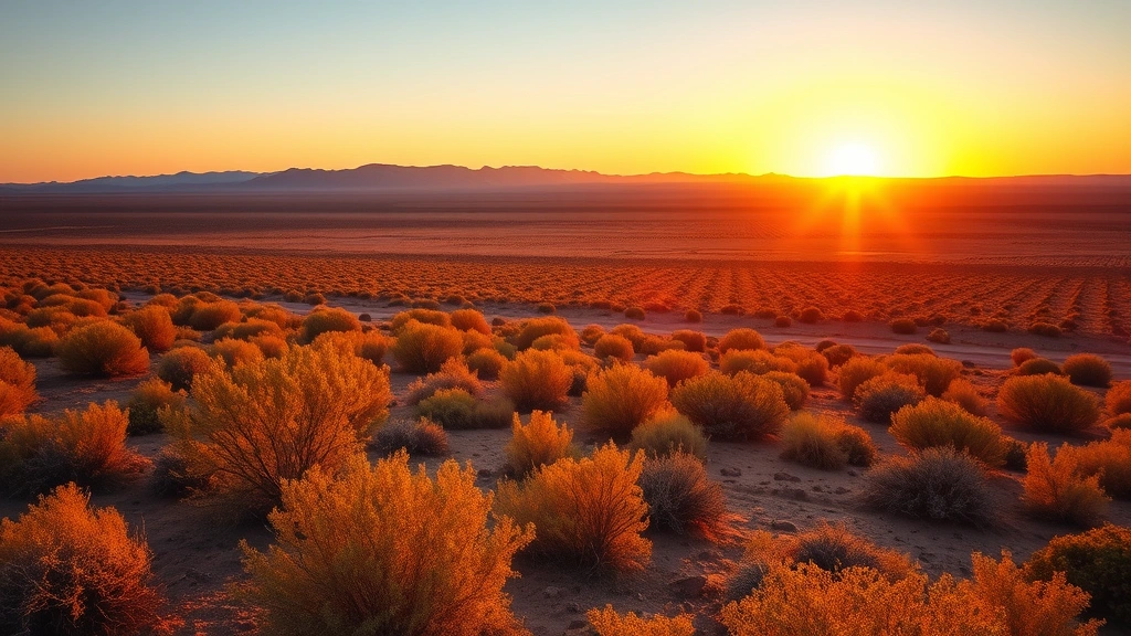 Sunset over Marfa desert with warm golden light illuminating scrubland, mountains in distance, clear sky transitioning from blue to orange, capturing the region's natural beauty and remote atmosphere
